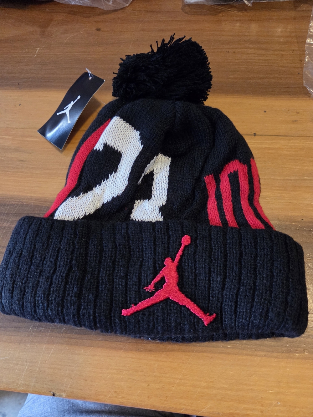 Jordan Men's Black & Red Pom Beanie